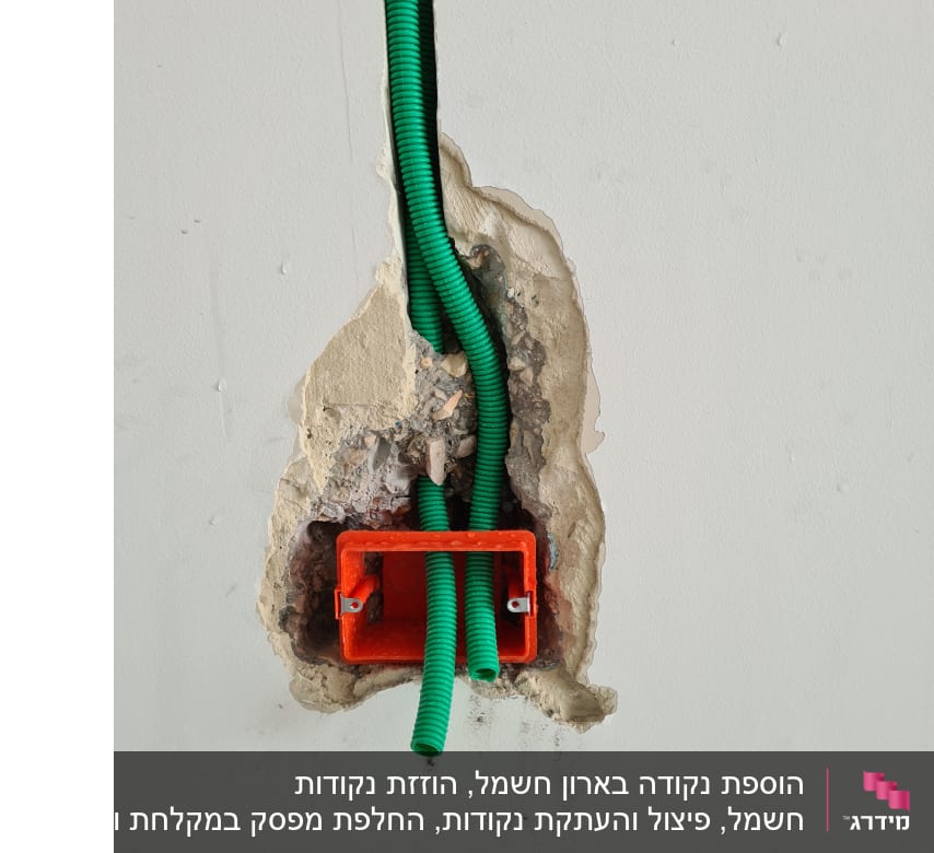 צינורות ירוקים בקיר עם תיבת חיבורים כתומה